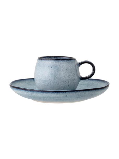Handgemaakt keramisch espressokopje met schoteltje Sandrine in blauwe tinten, Keramiek, Blauwtinten, Ø 7 cm x H 6 cm, 100 ml