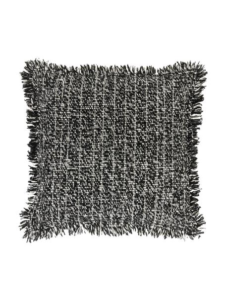 Bouclé kussenhoes Bounce met franjes, Zwart, wit, B 45 x L 45 cm