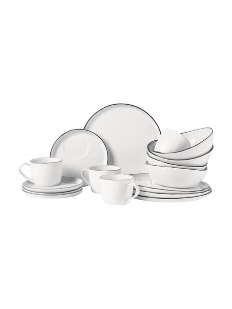 Komplet ręcznie wykonanych naczyń śniadaniowych z porcelany Salt, dla 4 osób (16 elem.), Porcelana, Złamana biel z czarną krawędzią, Komplet z różnymi rozmiarami