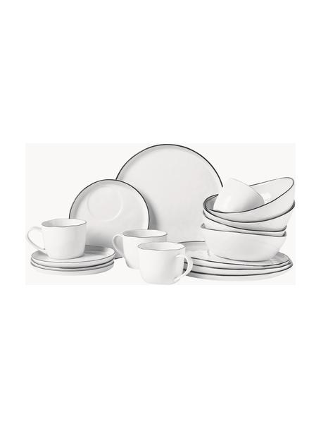 Handgemaakte porseleinen ontbijtset Salt voor 4 personen (set van 16), Porselein, Gebroken wit met zwarte rand, 4 personen (set van 16)