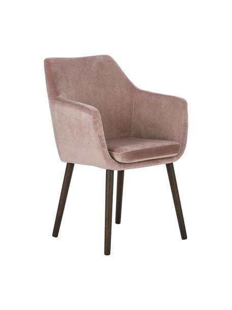 Sedia in velluto con braccioli Nora, Rivestimento: velluto di poliestere Il , Gambe: legno di quercia vernicia, Velluto rosa, gambe marrone scuro, Larg. 58 x Prof. 58 cm