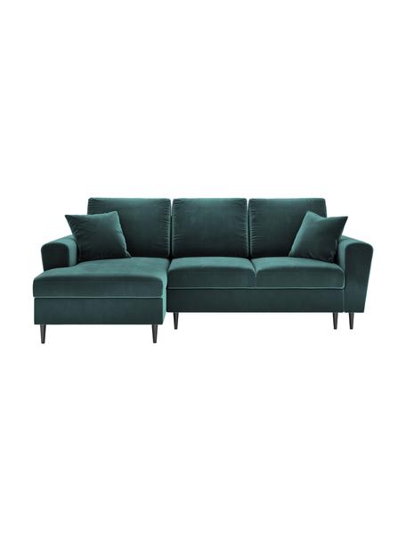 Canapé d'angle 4 places velours avec fonction lit et rangement Moghan, Bleu pétrole, pieds : noir, larg. 241 x prof. 145 cm, méridienne à gauche