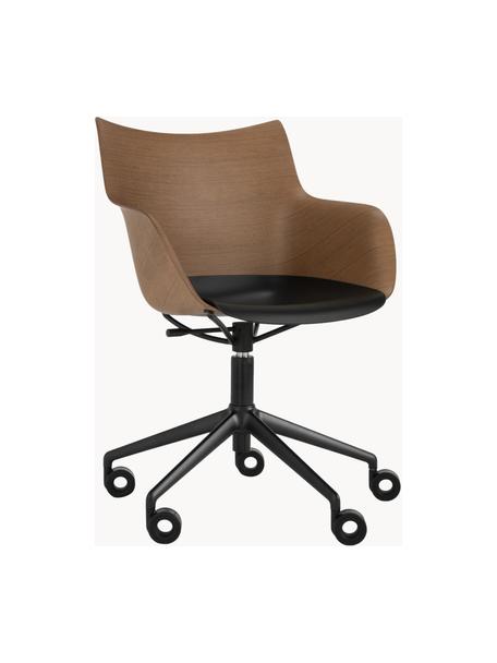 Q/Wood bureaustoel met armleuningen, in hoogte verstelbaar, Zitvlak: hout, kunststof, Frame: gelakt staal, Wieltjes: kunststof, Hout, zwart, B 62 x D 60 cm