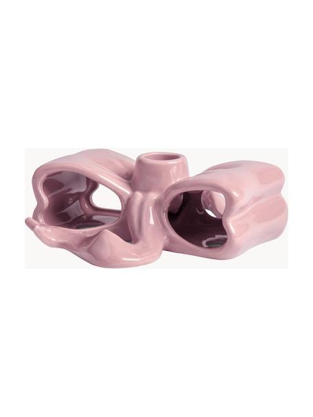 Candelabro fatto a mano Ribbon, Gres, Rosa chiaro lucido, Larg. 18 x Alt. 6 cm