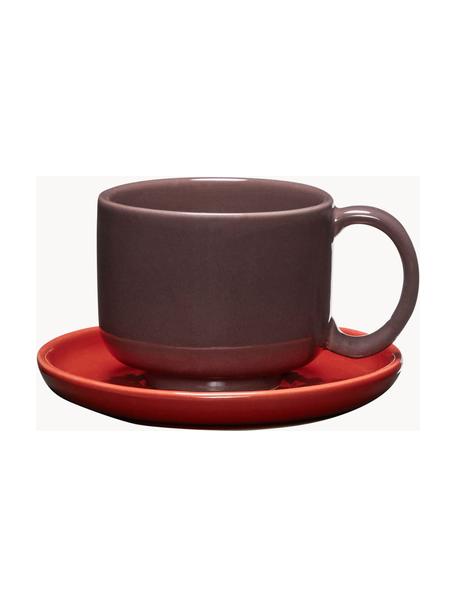 Handgefertigte Tassen Amare mit Untertellern, 2 Stück, Steinpulver, Pflaume, Rot, Ø 9 x H 6 cm, 200 ml