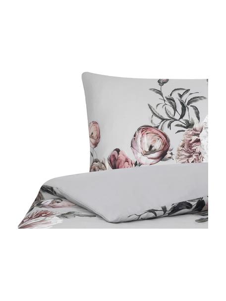 Pościel z satyny bawełnianej Blossom, Wielobarwny, szary, 155 x 220 cm + 1 poduszka 80 x 80 cm