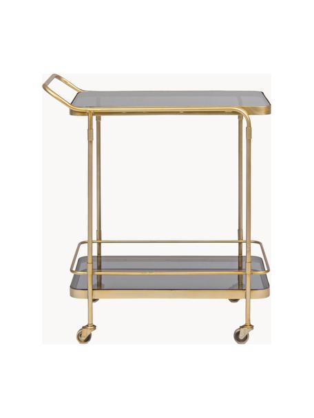 Bar cart Orabel met glazen tafelbladen, Plateaus: glas, Frame: gepoedercoat staal, Goudkleurig, donkergrijs, transparant, B 62 x H 72 cm