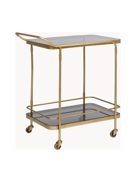 Bar cart Orabel met glazen tafelbladen, Plateaus: glas, Frame: gepoedercoat staal, Goudkleurig, donkergrijs, transparant, B 62 x H 72 cm