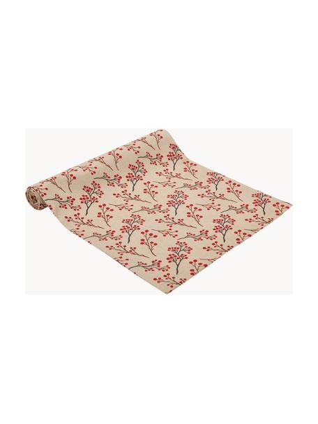 Runner Berries, 85% cotone, 15% lino, Beige, rosso, marrone, Larg. 40 x Lung. 145 cm