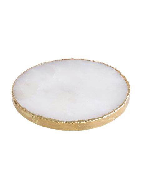 Nápojový tácek z drahokamu Crystale, 4 ks, Bílý křemen, Bílá, zlatá, Ø 11 cm