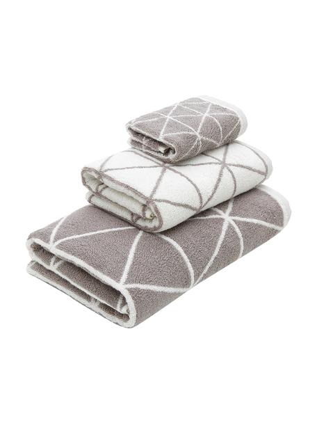 Set de toallas estampadas doble cara Elina, 3 uds., Gris pardo y blanco crema estampado, Set de diferentes tamaños