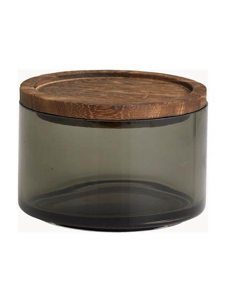 Handgemaakte opbergdoos Basil, Houder: glas, Deksel: paulowniahout met silicon, Donkergrijs, donker hout, Ø 12 x H 9 cm
