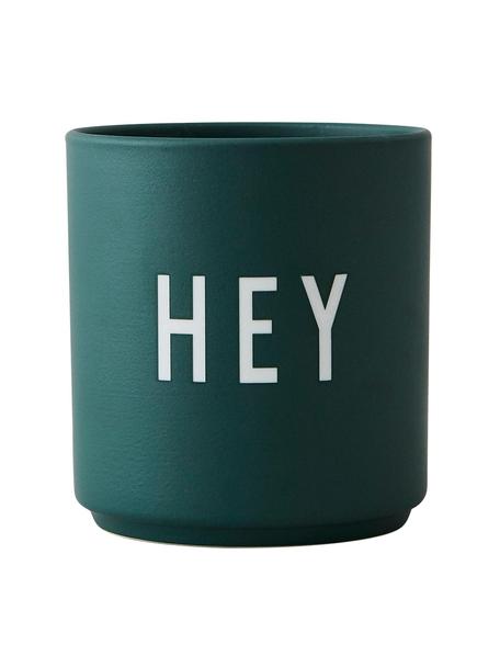 Design beker Favourite HEY met opschrift, Beenderporselein (porselein)
Fine Bone China is een zacht porselein, dat zich vooral onderscheidt door zijn briljante, doorschijnende glans., Donkergroen (Hey), Ø 8 x H 9 cm, 250 ml