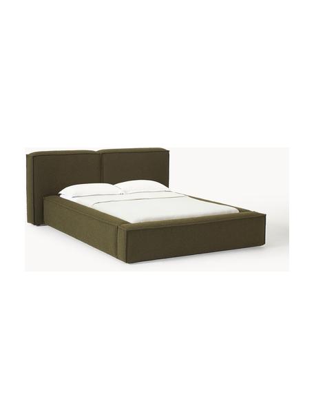 Letto imbottito in bouclé Lennon, Rivestimento: bouclé (80% poliestere, 2, Rivestimento: schiuma, certificata Cert, Struttura: legno di pino massiccio, , Piedini: legno, plastica Questo pr, Bouclé verde oliva, Larg. 208 x Lung. 243 cm (superfice 140 x 200 cm)