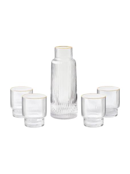 Handgefertigtes Trink-Set Minna mit Rillenrelief und Goldrand, 5-tlg., Glas, mundgeblasen, Transparent mit Goldrand, Ø 10 x H 25 cm