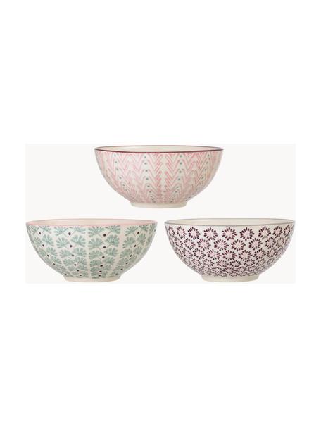 Set 3 ciotole con motivo piccolo Maya, Gres, Bianco crema, rosa, lilla, verde, Ø 17 x Alt. 8 cm