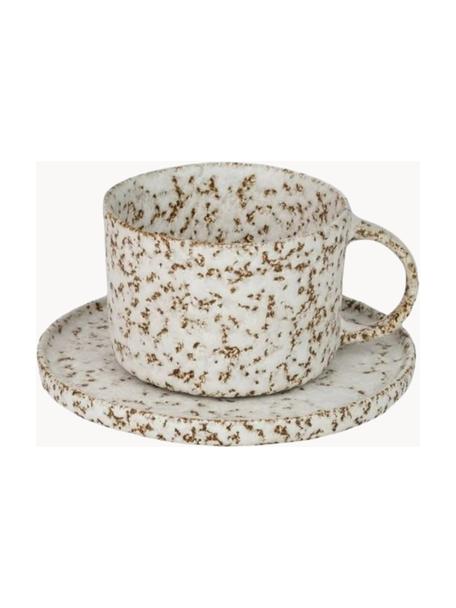 Tazas con platitos con esmalte reactvo Salt, 6 uds., Gres esmaltado, Off White, marrón, Ø 9 x Al 6 cm, 210 ml