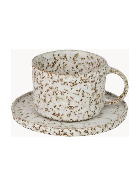 Tasses avec sous-tasses avec émail réactif Salt, 6 pièces, Grès cérame, émaillé, Blanc cassé, brun, Ø 9 x haut. 6 cm, 210 ml