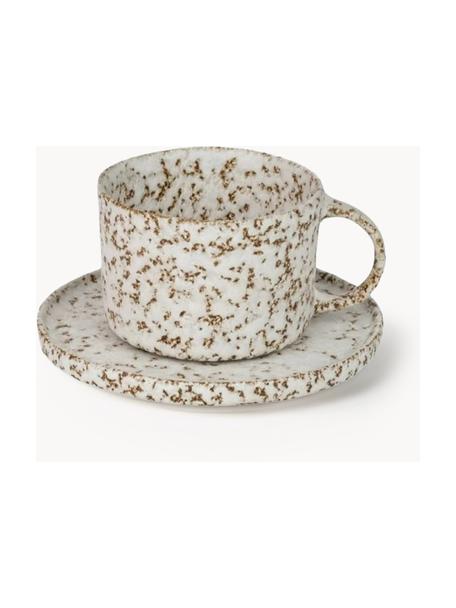 Tasses avec sous-tasses avec émail réactif Salt, 6 pièces, Grès cérame, émaillé, Blanc cassé, brun, Ø 9 x haut. 6 cm, 210 ml