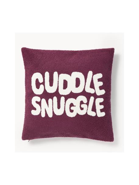 Housse de coussin hivernale avec slogan Janara, 100% coton, Prune, blanc, larg. 45 x long. 45 cm