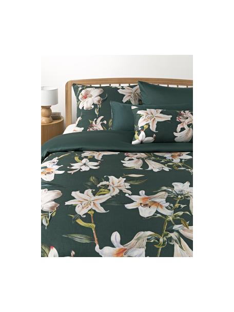Funda nórdica de satén estampada Flori, Verde oscuro, beige, Cama 90 cm (155 x 220 cm)