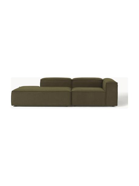 Chaise loungue componibile in bouclé Lennon, Rivestimento: bouclé (100% poliestere) , Struttura: legno di pino massiccio, , Piedini: plastica Questo prodotto , Bouclé verde oliva, Larg. 269 x Prof. 119 cm, schienale a destra