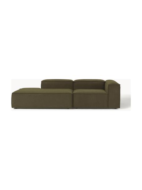 Szezlong modułowy bouclé Lennon, Tapicerka: bouclé (100% poliester) D, Stelaż: lite drewno sosnowe z cer, Nogi: tworzywo sztuczne, Oliwkowozielony bouclé, S 269 x G 119 cm, oparcie prawostronne