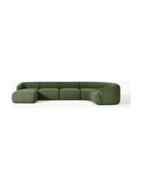 Canapé lounge modulable en bouclette Sofia, Bouclette vert foncé, larg. 404 x prof. 231 cm, méridienne à droite