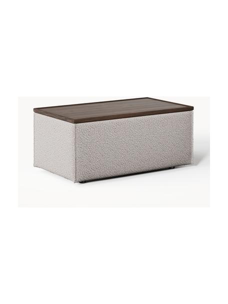 Sofa-Hocker Lennon aus Bouclé mit Stauraum, Bezug: Bouclé (80 % Polyester, 2, Tablett: Eichenholz, Spannplatte m, Gestell: Spanplatte, mitteldichte , Bouclé Taupe, dunkles Eichenholz, B 88 x T 50 cm