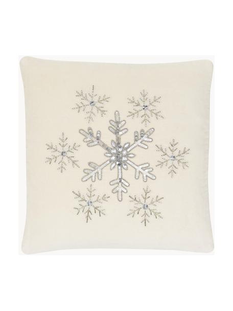 Copricuscino ricamata in velluto bianco crema con bordino Snowflake, Velluto (100% cotone), Bianco crema, argentato, Larg. 45 x Lung. 45 cm