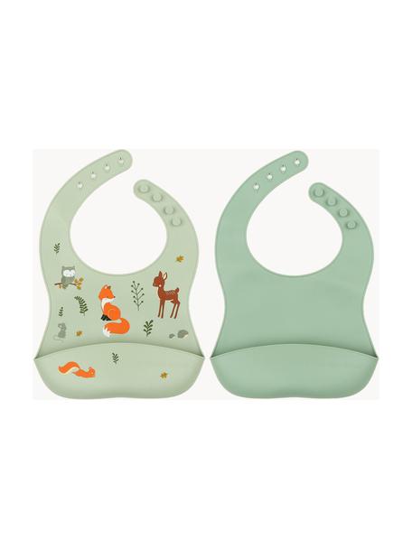 Silikon-Lätzchen Forest Friends, 2er-Set, Silikon, wasserdicht, BPA- und Phtalatfrei, Lebensmittelecht, LFGB geprüft, Salbeigrün, Olivgrün, Mehrfarbig, B 23 x H 27 cm