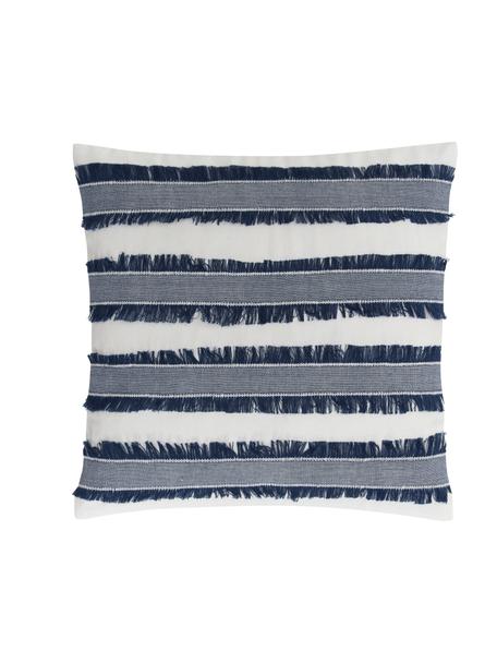 Bavlěný povlak na polštář s třásněmi Raja, 100% bavlna, Krémově bílá, modrá, Š 45 cm, D 45 cm