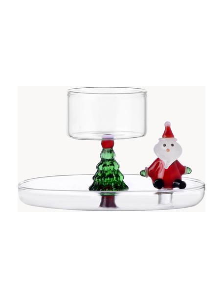 Candelabro fatto a mano in vetro borosilicato Christmas Tales, Vetro borosilicato, Trasparente, rosso, verde, Ø 7 x Alt. 11 cm