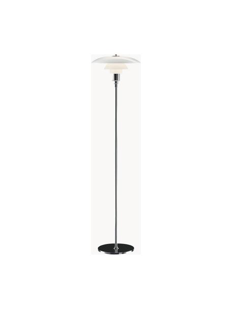 Kleine vloerlamp PH 3½-2½, mondgeblazen, Lampenkap: opaalglas, mondgeblazen, Lampvoet: messing, verchroomd, Zilverkleurig, wit, H 130 cm