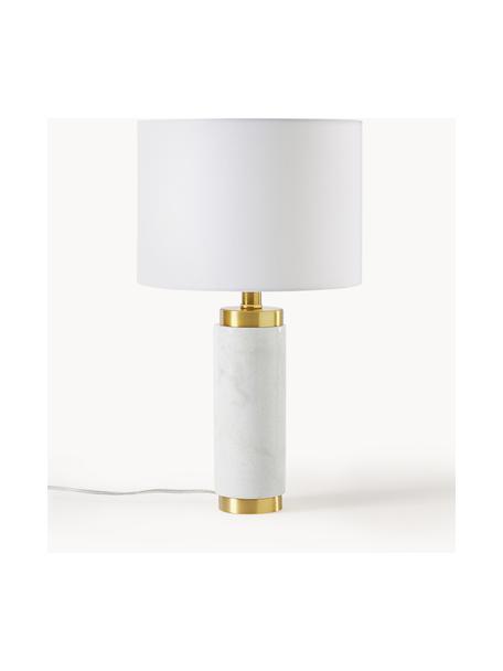 Glam-Tischlampe Miranda mit Marmorfuß, Lampenschirm: Textil, Lampenfuß: Marmor, Messing, gebürste, Messingfarben, Weiß marmoriert, Ø 28 x H 48 cm