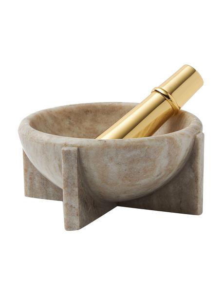 Mortier en marbre avec pilon doré Rocoto, 2 élém., Beige, marbré, couleur dorée, Ø 17 x haut. 8 cm