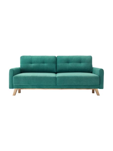 Sofa rozkładana z aksamitu z miejscem do przechowywani Balio (3-osobowa), Tapicerka: 100% aksamit poliestrowy , Nogi: drewno naturalne, Szmaragdowy, S 216 x G 102 cm