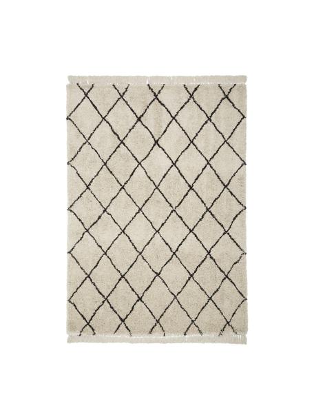 Flauschiger Hochflor-Teppich Naima mit Fransen, handgetuftet, Flor: 100% Polyester, Beige, Schwarz, B 200 x L 300 cm (Größe L)