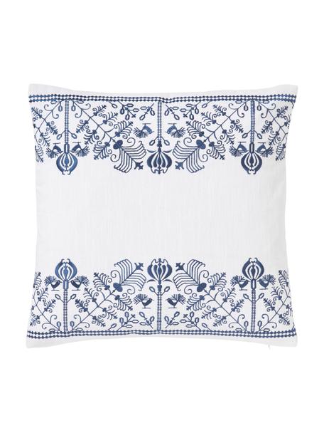 Bestickte Baumwoll-Kissenhülle Tabitha, Hülle: 100 % Baumwolle, Weiß, Blau, B 45 x L 45 cm