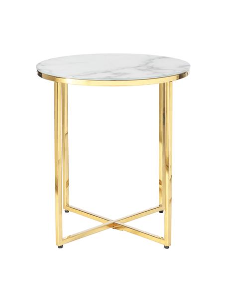 Table d'appoint ronde avec plateau en verre aspect marbre Antigua, Blanc aspect marbre, couleur dorée, Ø 45 x haut. 50 cm