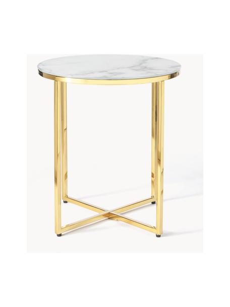 Stolik pomocniczy ze szklanym blatem o wyglądzie marmuru Antigua, Blat: szkło, matowy nadruk, Stelaż: metal mosiądzowany, Biały, o wyglądzie marmuru, odcienie złotego, Ø 45 x W 50 cm