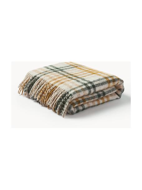 Plaid avec franges Timothy, 53 % polyacrylique, 20 % polyester, 15 % laine, 12 % polyamide, Beige clair, brun clair vert foncé, larg. 130 x long. 170 cm