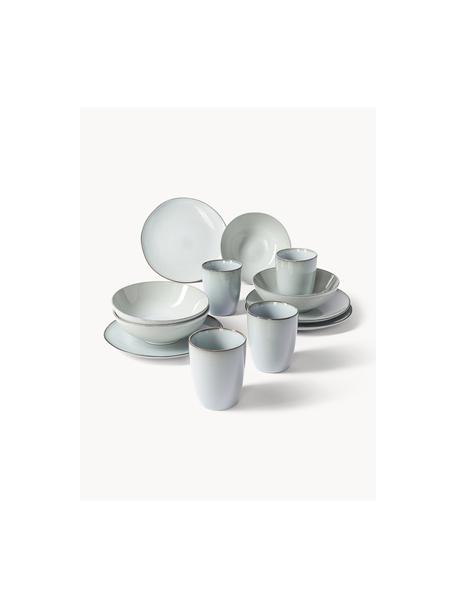 Handgemaakte ontbijtset Thalia, 4 personen (set van 12), Keramiek, Lichtblauw met donkere rand, 4 personen (set van 12)