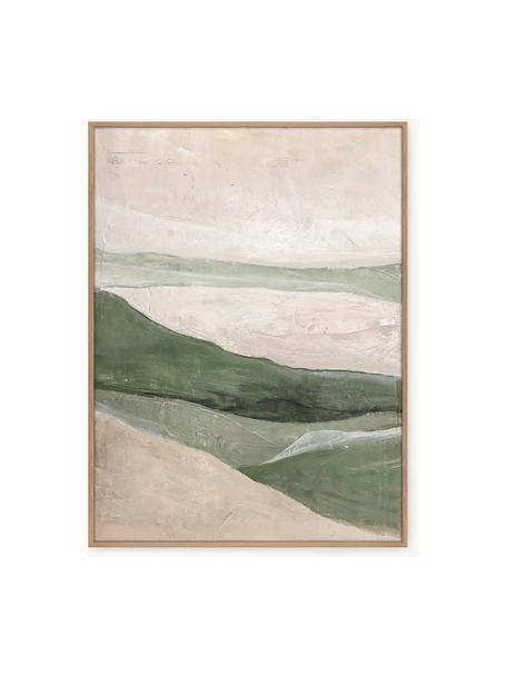 Peinture sur toile peinte à la main avec cadre en bois Green Field, Beige, vert sauge, bois clair, larg. 90 x haut. 120 cm