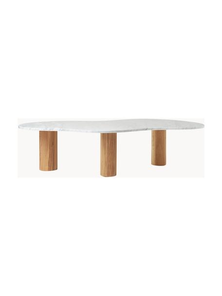 Tavolino da salotto in marmo dalla forma organica Naruto, Gambe: legno di quercia, Legno di quercia, bianco marmorizzato, Larg. 140 x Alt. 80 cm
