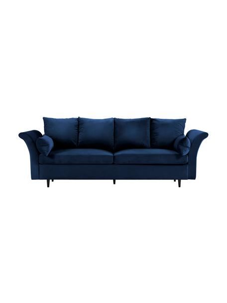 Zamatová pohovka na spanie s úložným priestorom Lola (3-miestna), Zamatová tmavomodrá, tmavé drevo, Š 245 x H 95 cm