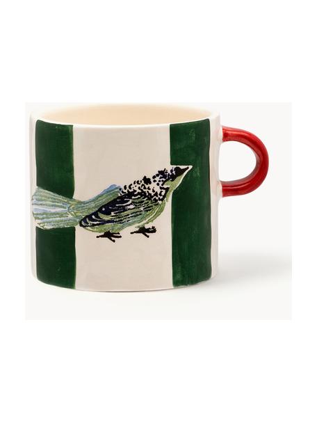 Taza artesanal Love Bird, Cerámica, Blanco crema, verde oscuro, rojo coral, Ø 10 x Al 9 cm, 500 ml