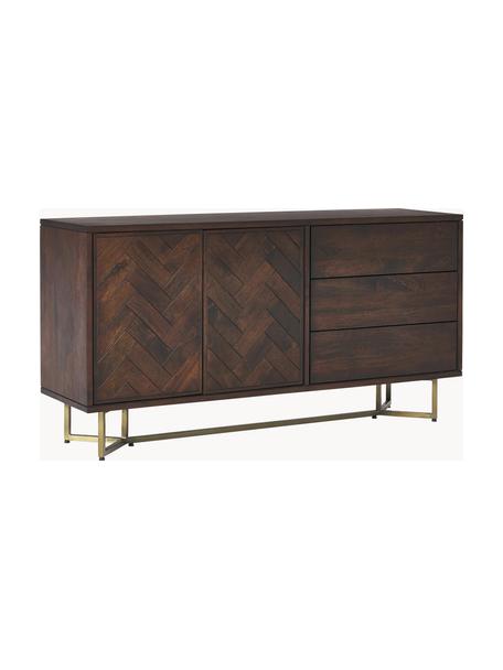 Aparador de madera maciza diseño espiga con cajones y puertas Luca, Estructura: madera de mango maciza, Patas: metal recubierto, Madera de mango, dorado, An 160 x Al 80 cm