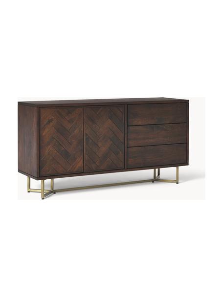 Visgraat dressoir Luca uit massief massief hout met deuren en lades, Frame: massief mangohout, Frame: gecoat metaal, Mangohout, goudkleurig, B 160 x H 80 cm