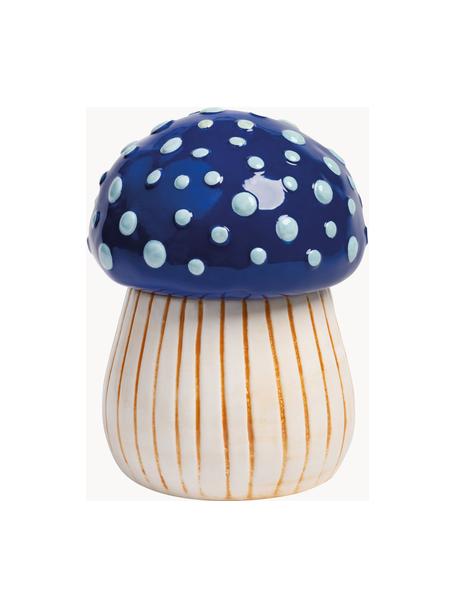 Boîte de rangement en dolomite peinte à la main Magic Mushroom, Dolomie, Tons bleus, blanc cassé, brun clair, Ø 13 x haut. 17 cm